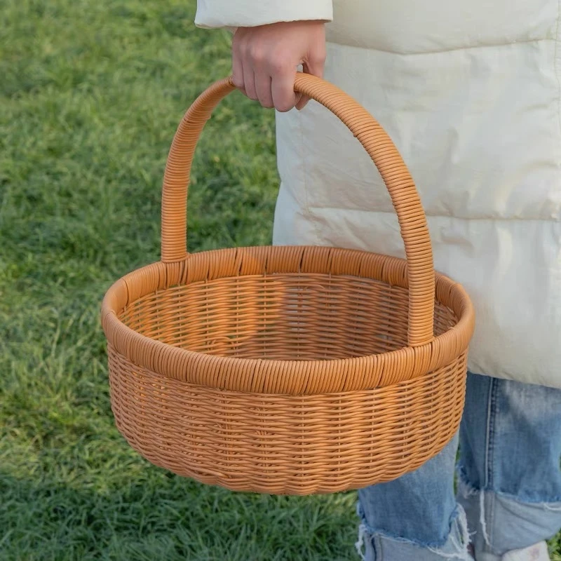 DL12 L手工编织仿藤大号圆形手提篮家用户外买菜野餐鸡蛋篮35*14