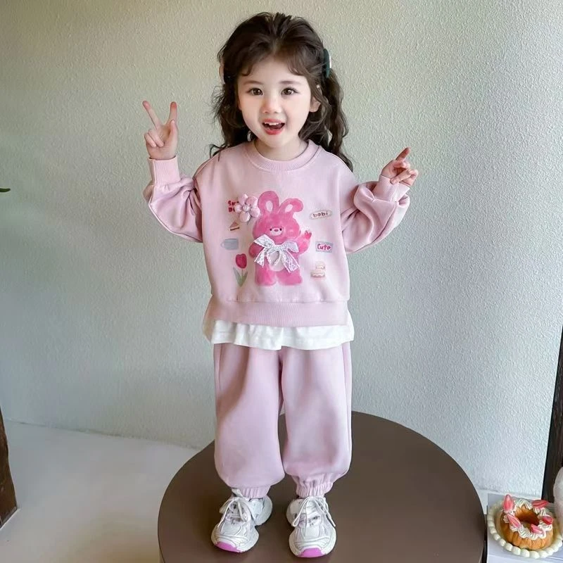 女宝宝时尚套装春装2025新款洋气女宝宝卡通卫衣卫裤休闲两件套潮