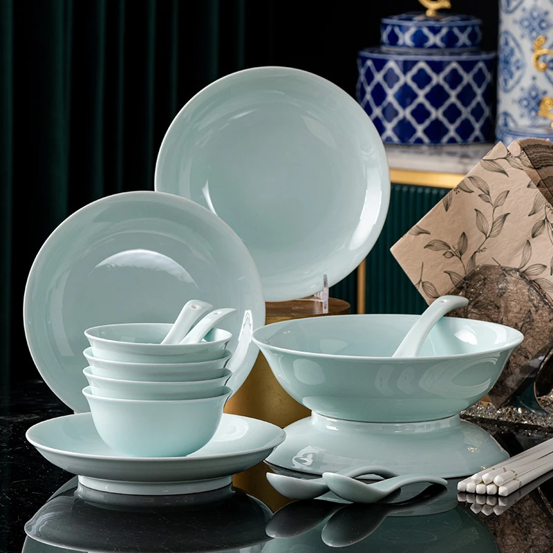 18件影青瓷流影高温简约结婚乔迁送礼碗碟盘景德镇高白泥餐具套装