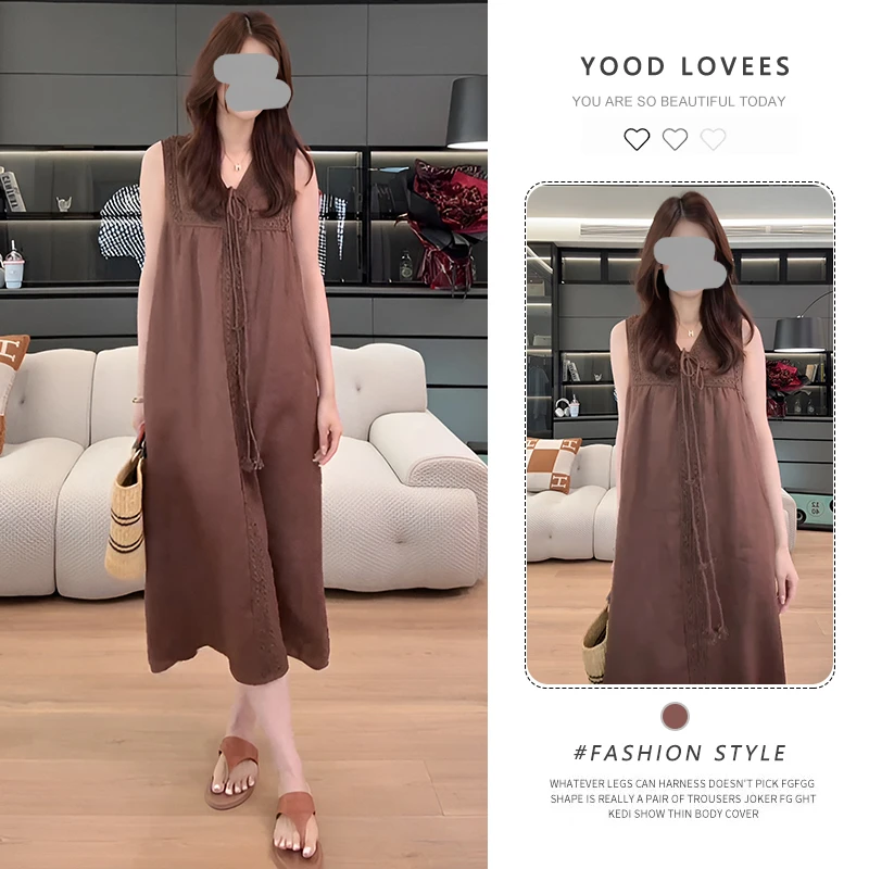 宽松高级感V领绑带蕾丝拼接连衣裙夏季休闲时尚风显瘦无袖长裙子