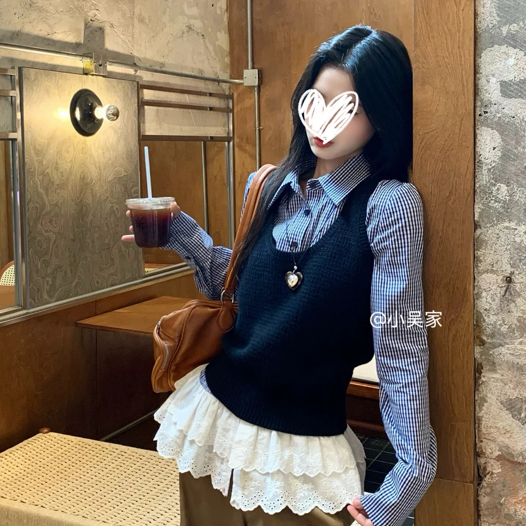 「小吴家」韩系女秋季超好看时尚针织假两件衬衫上衣