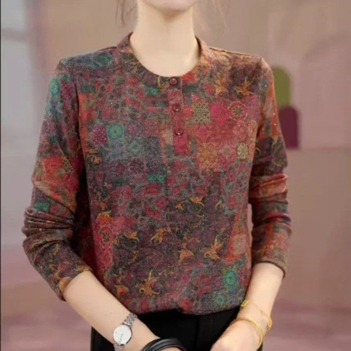 2025早秋高品质气质优雅时尚衬衫上衣中老年百搭印花秋季针织