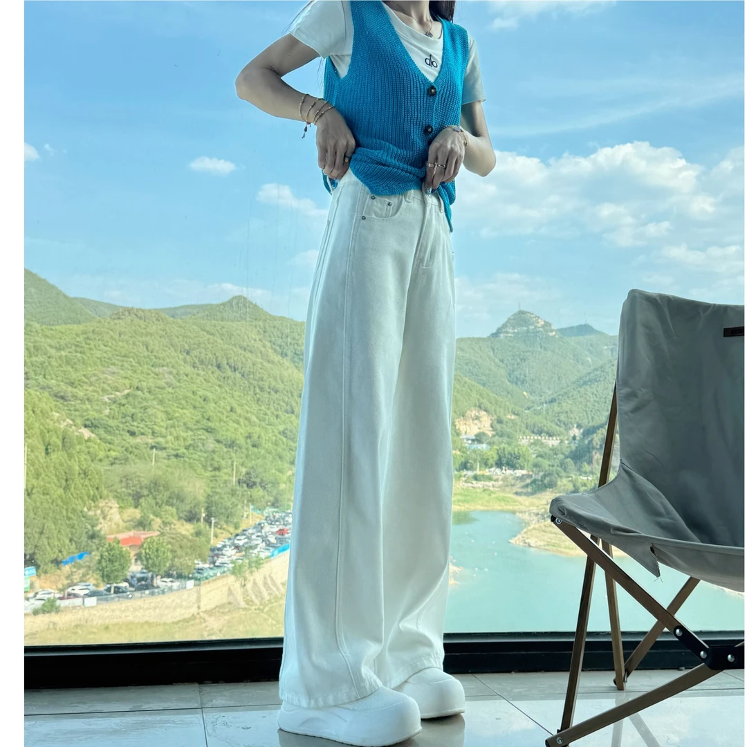 2025新款白色牛仔裤粉色小皮牌高腰窄版直筒阔腿裤