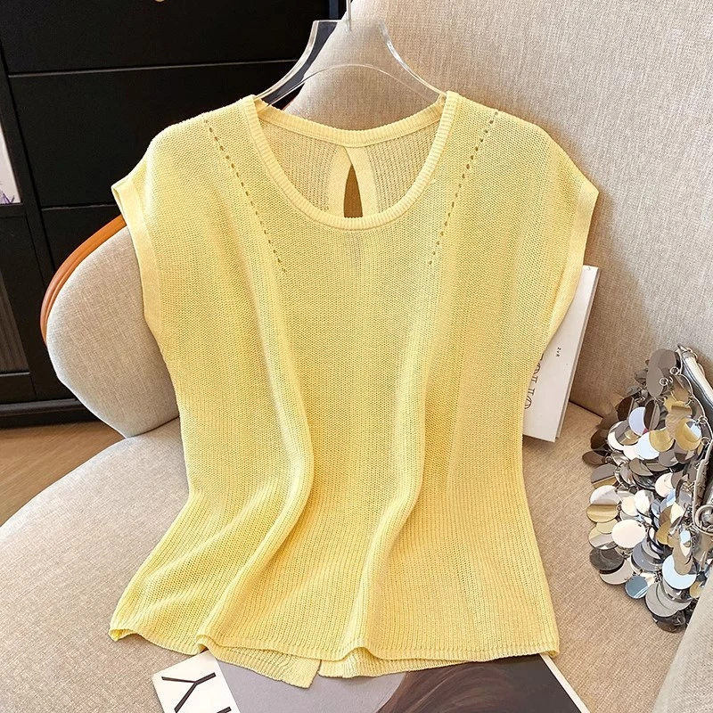 法式后背镂空开叉针织短袖t恤女装夏季新款时尚显瘦百搭薄款上衣