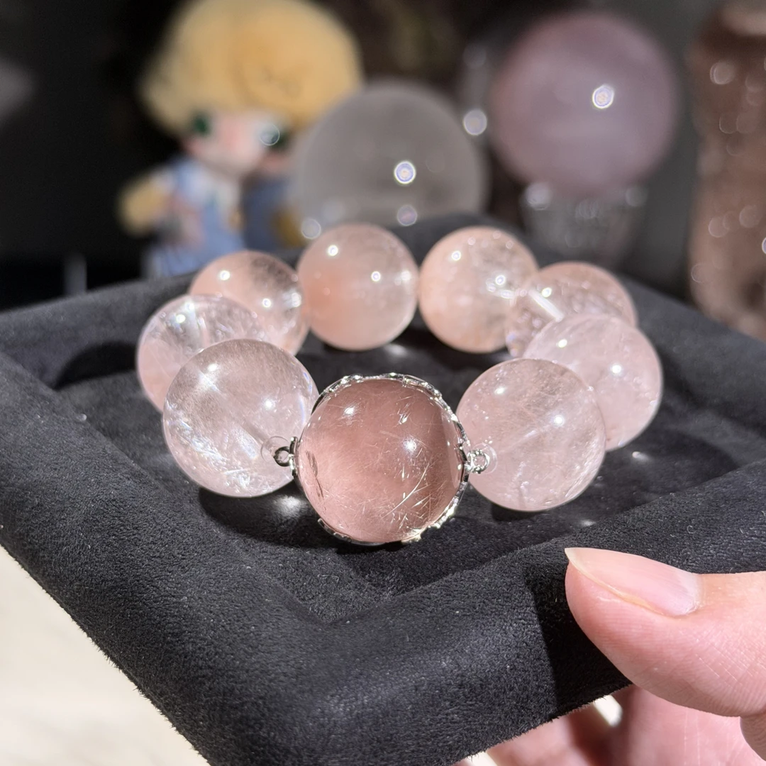 爱林珠宝天然水晶粉兔毛大颗粒紫兔毛半盆粉钢丝兔毛东海手磨珠