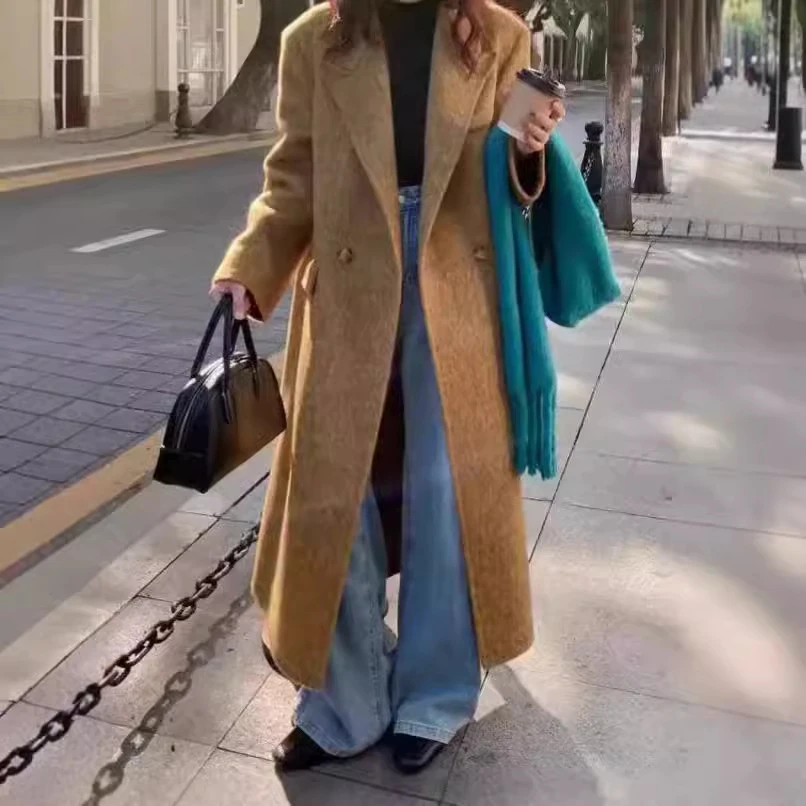 韩版直角垫肩高级感双面呢羊绒大衣加长款西装领气质羊毛呢外套女