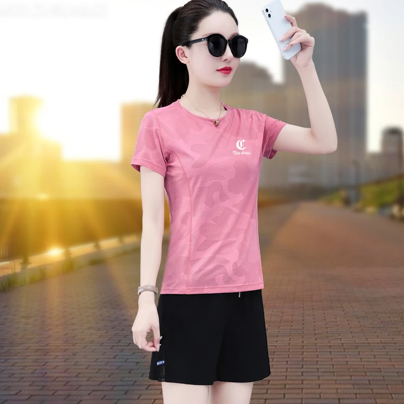 速干冰丝短袖短裤套装女2025夏季新款宽松休闲运动两件套