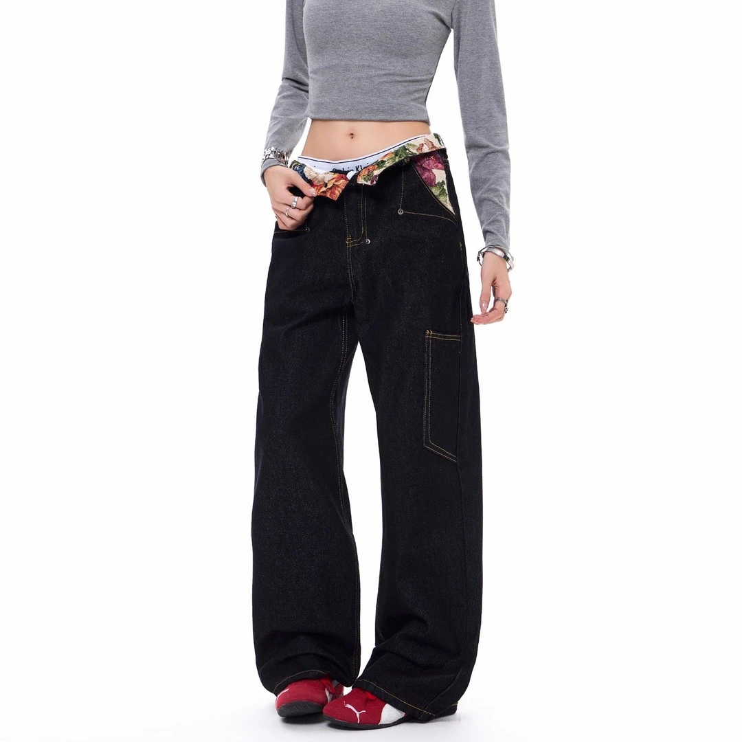 美式复古拼接花卉刺绣直筒牛仔裤男女宽松休闲设计感vibe百搭长裤