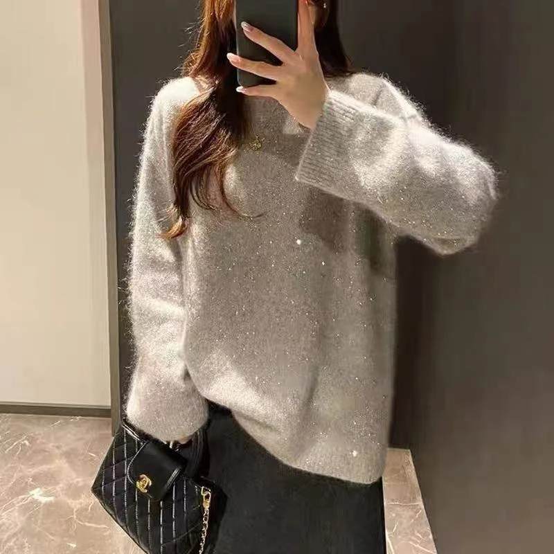 漂亮毛衣亮片马海毛亮闪闪毛衣 高级感宽松慵懒针织衫上衣套头