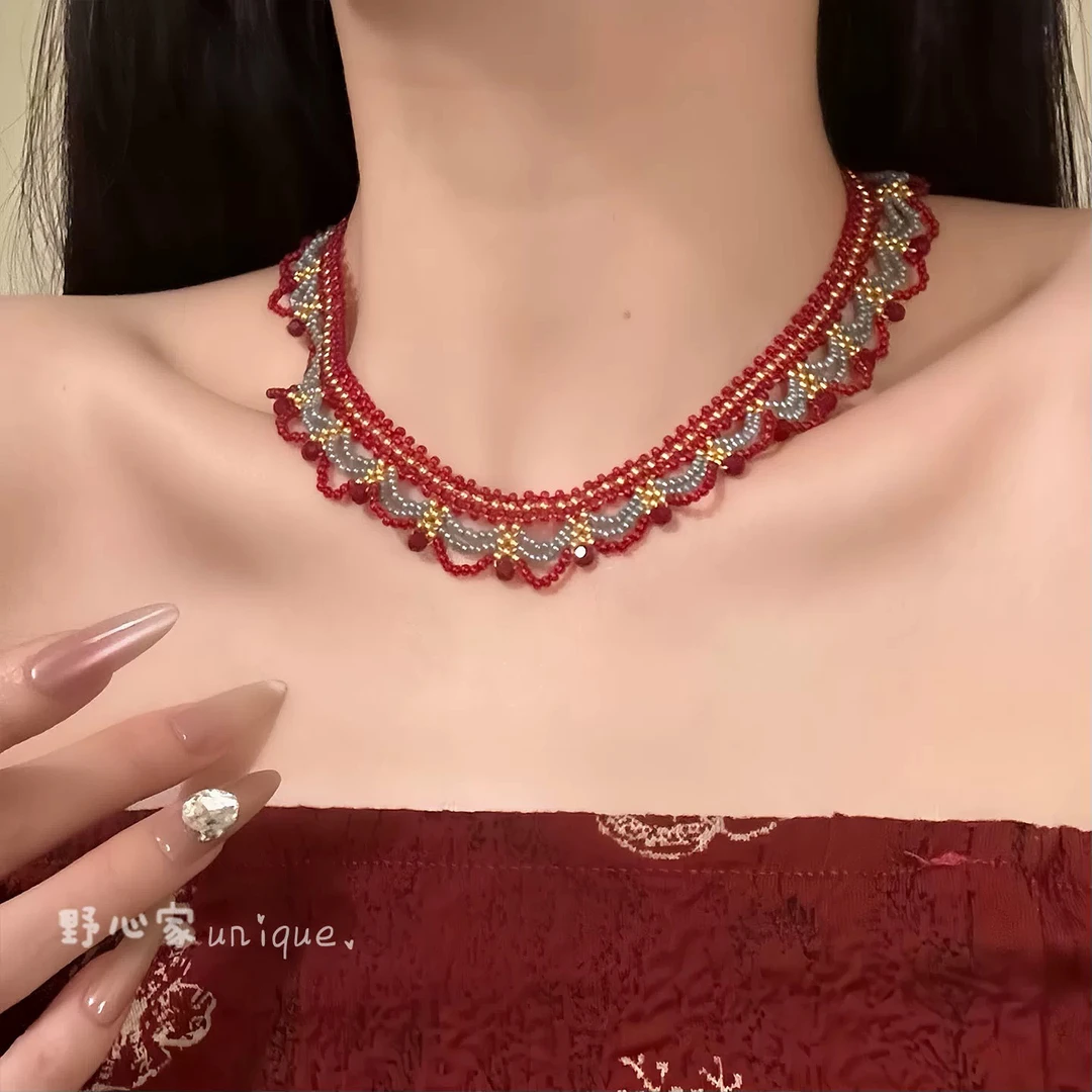 非金属树脂项链 【惊鸿黛影】宫廷风多层蕾丝项链新中式小众锁骨链