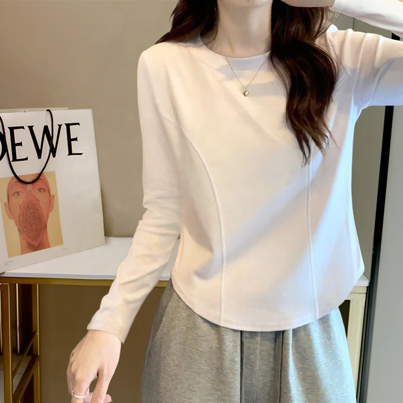 小个子圆领修身洋气长袖上衣纯棉打底衫设计感小众内搭t恤女潮