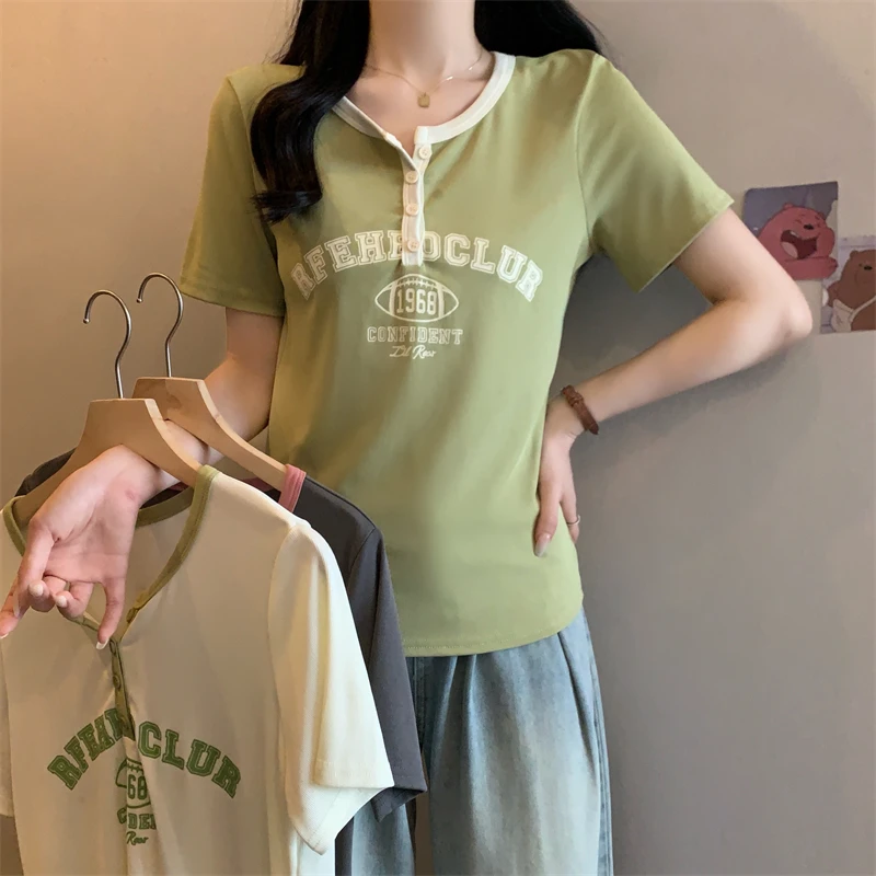 夏季新款胖MM大码女装上衣简约休闲风ins修身拼色排扣U领短袖T恤