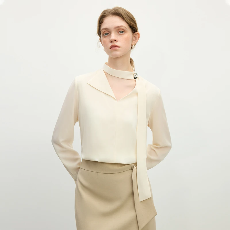 范思蓝恩微醺紫鸢设计感V领春装新款飘带简约气质上衣  25FS11210