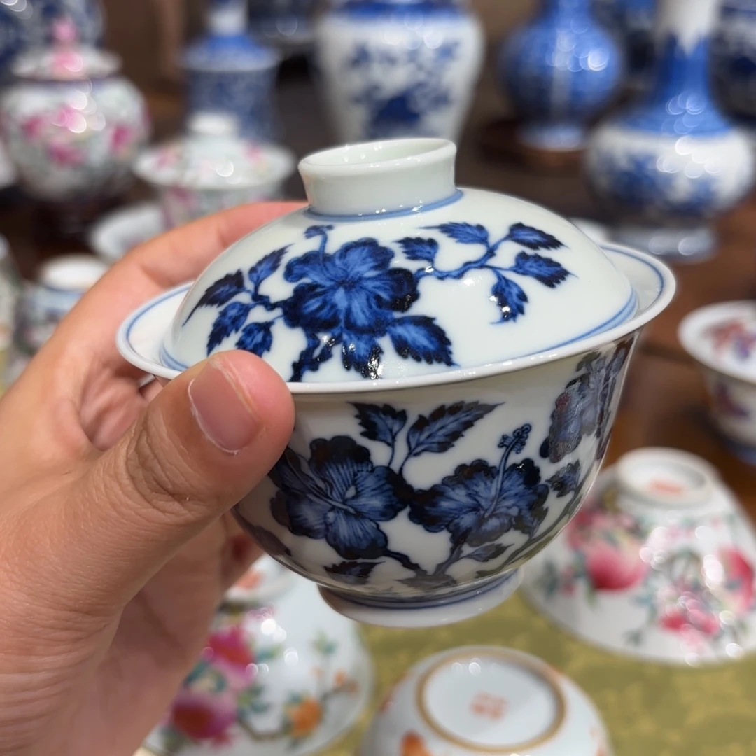****寶瓷微瑕 扶桑花盖碗…………