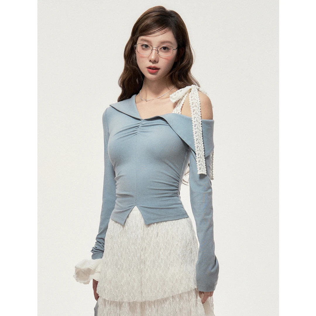 【小野莓】春季气质甜美设计感褶皱海军领修身显瘦长袖T恤BT17063