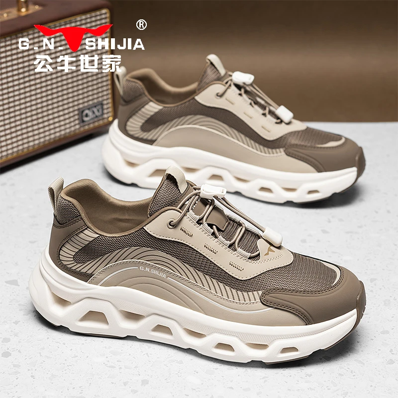 公牛世家厚底男鞋春季新款男士百搭软底跑步鞋网面透气运动休闲鞋