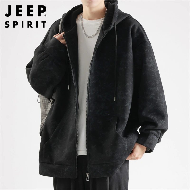 Jeep吉普男士开衫卫衣春秋季新款百搭休闲宽松潮流韩版连帽外套男