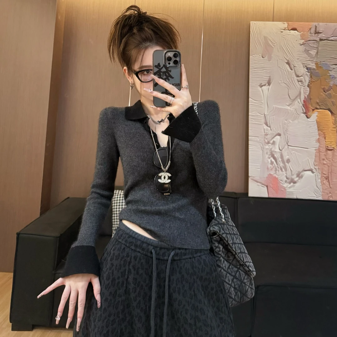 【LLU李】秋冬新款拼接撞色针织衫修身显瘦打底衫复古 LLU-18191019