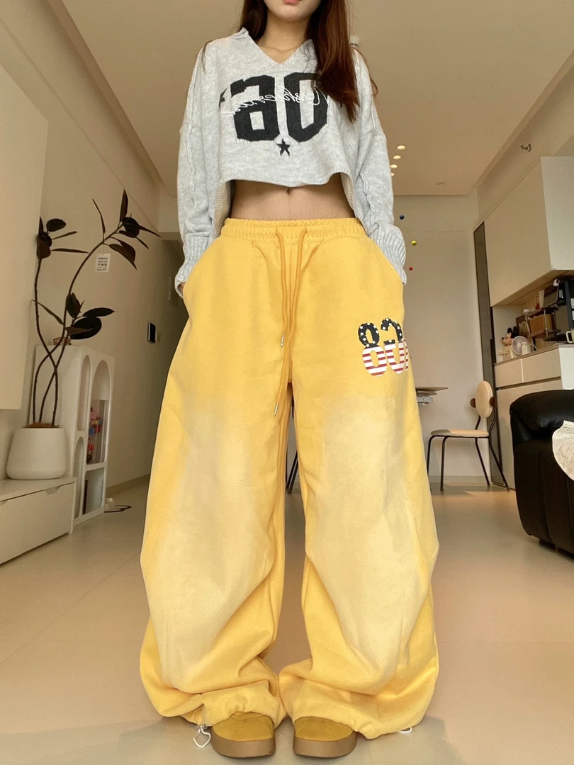 美式hiphop水洗做旧休闲卫裤女2025新款宽松阔腿运动爵士舞弯刀裤