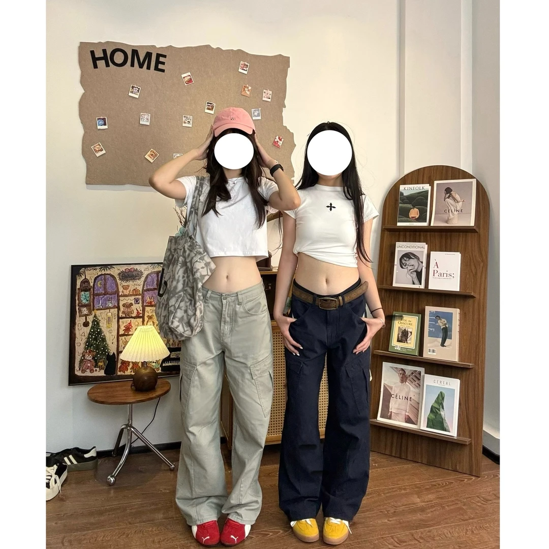 美式复古多口袋工装裤直筒宽松百搭休闲长裤男女显瘦高腰夏季