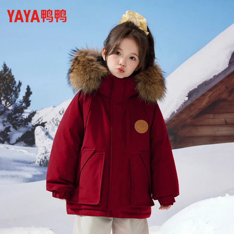 鸭鸭儿童羽绒服2025冬季新款工装大毛领男女童中大童加厚保暖外套