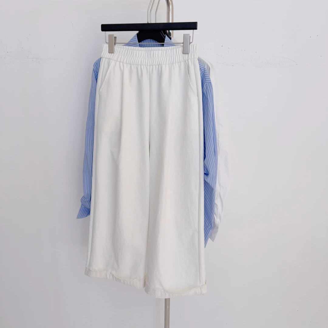 【速干裤】欧若风穿搭春夏新款法式蕾丝卷边松紧腰直筒阔腿九分裤