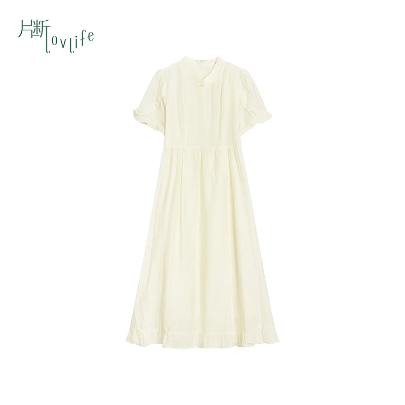片断连衣裙女新款温柔风盘扣显瘦气质泡泡袖减龄花边小众长裙