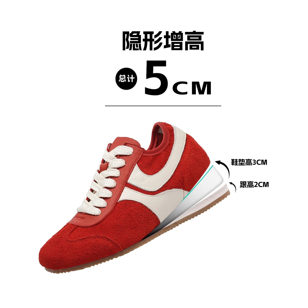 增高5CM女士头层牛皮百搭方头真皮厚底运动复古德训鞋休闲鞋夏