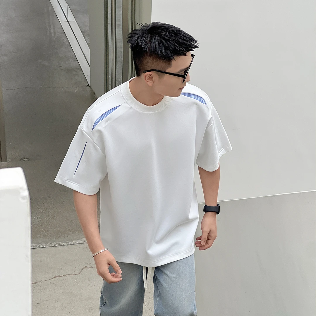 二十二号穿搭【江南阔少】夏季凉感条纹拼接设计款显肩宽T恤短袖男