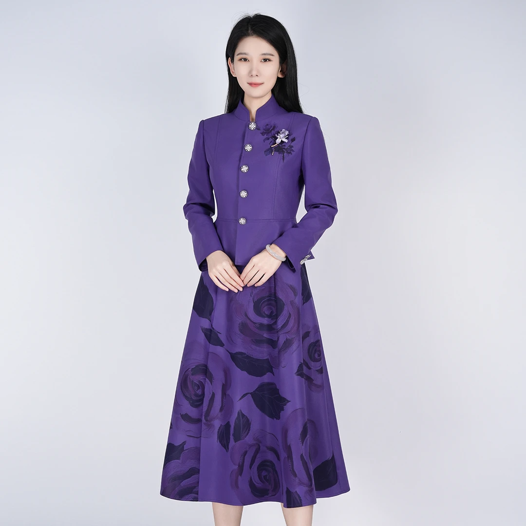浒城古娘中式修身西服女士秋季紫玫瑰套装HCSS051055+HCSS051056