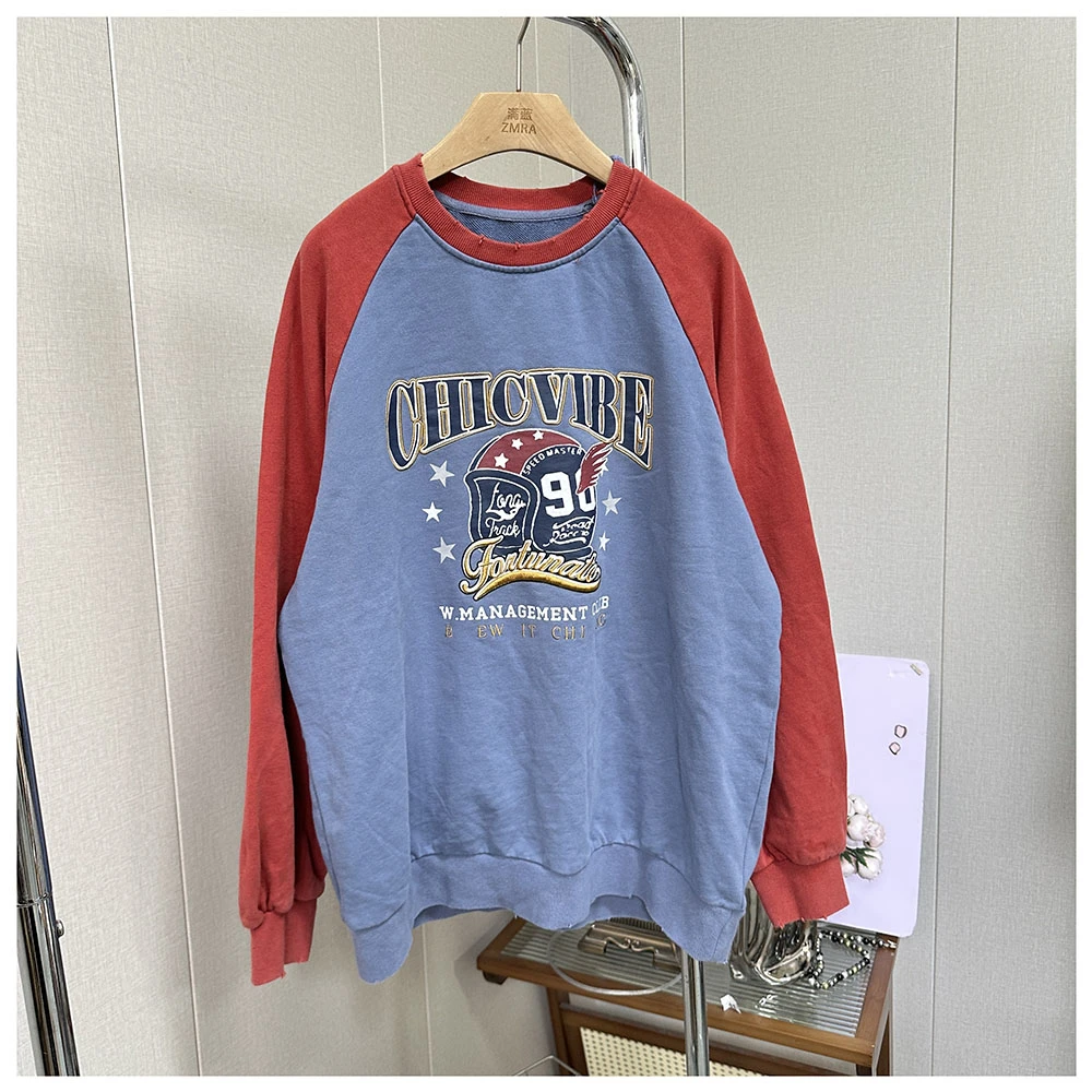 1W090 春季新款宽松印花圆领拼色长袖薄款卫衣女