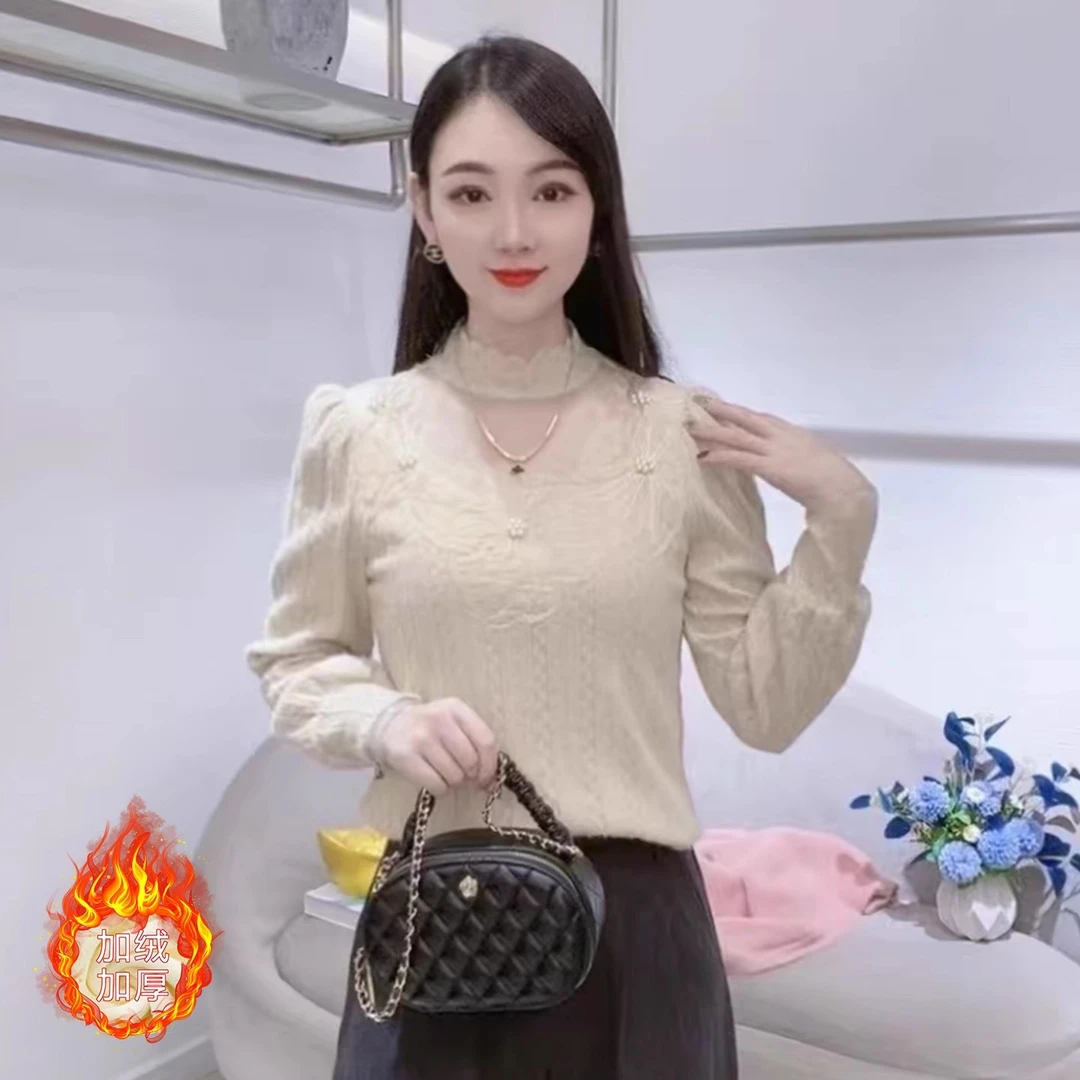 时尚法式蕾丝衫长袖打底衫女冬季新款加绒半高领网纱花朵上衣内搭