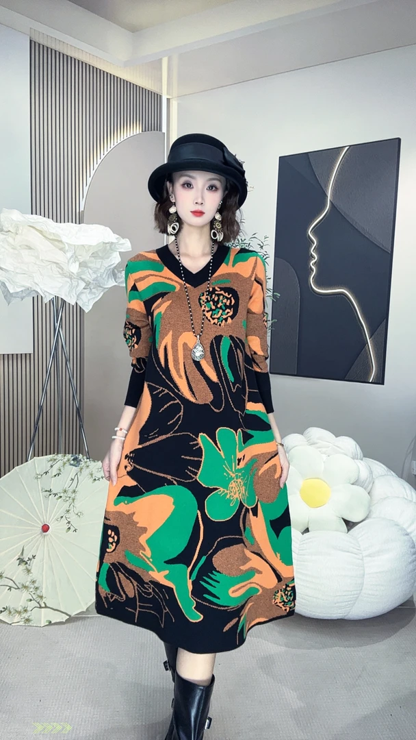 292-293号2025秋冬新款羊毛连衣裙不褪色显瘦连衣裙气质妈妈裙