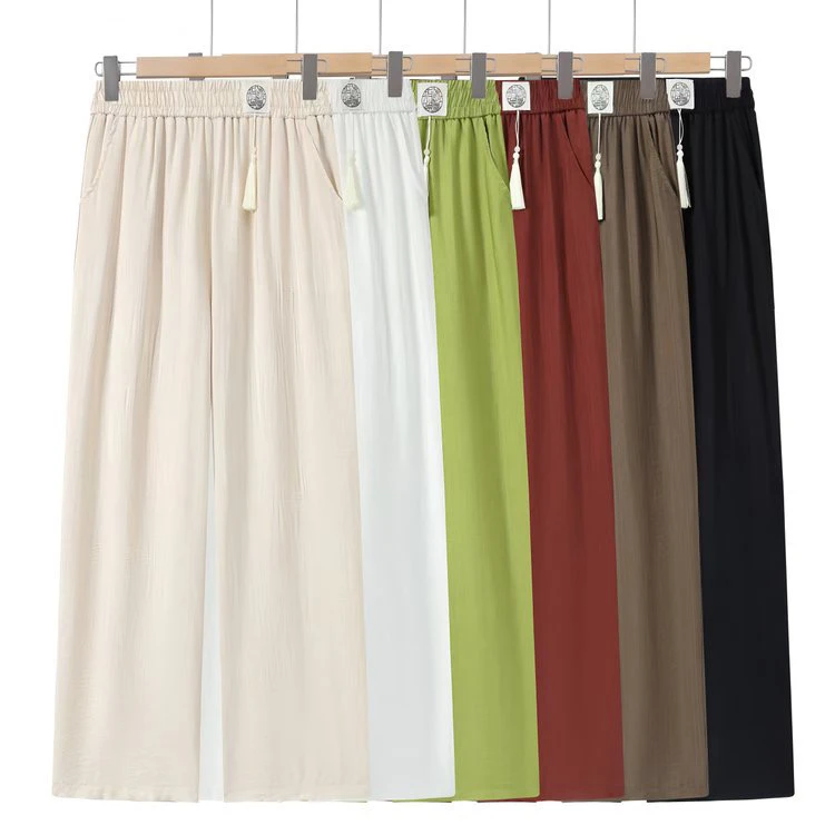 2025新款夏季薄款阔腿裤女松紧腰高腰妈妈裤子直筒宽松中老年女裤