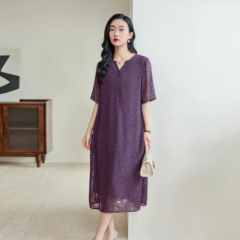 阿吉多紫色短袖连衣裙女今年夏季新款阔太太轻奢妈妈气质高级裙子