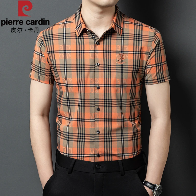 皮尔卡丹夏季短袖衬衫男士商务休闲爸爸时尚刺绣高端梭织格子衬衣