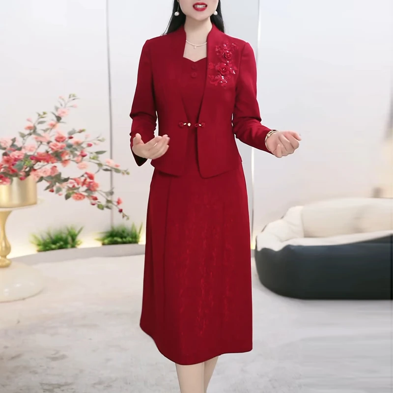 时尚高端假俩件婚宴连衣裙女2025秋季新款收腰显瘦气质中长款裙子