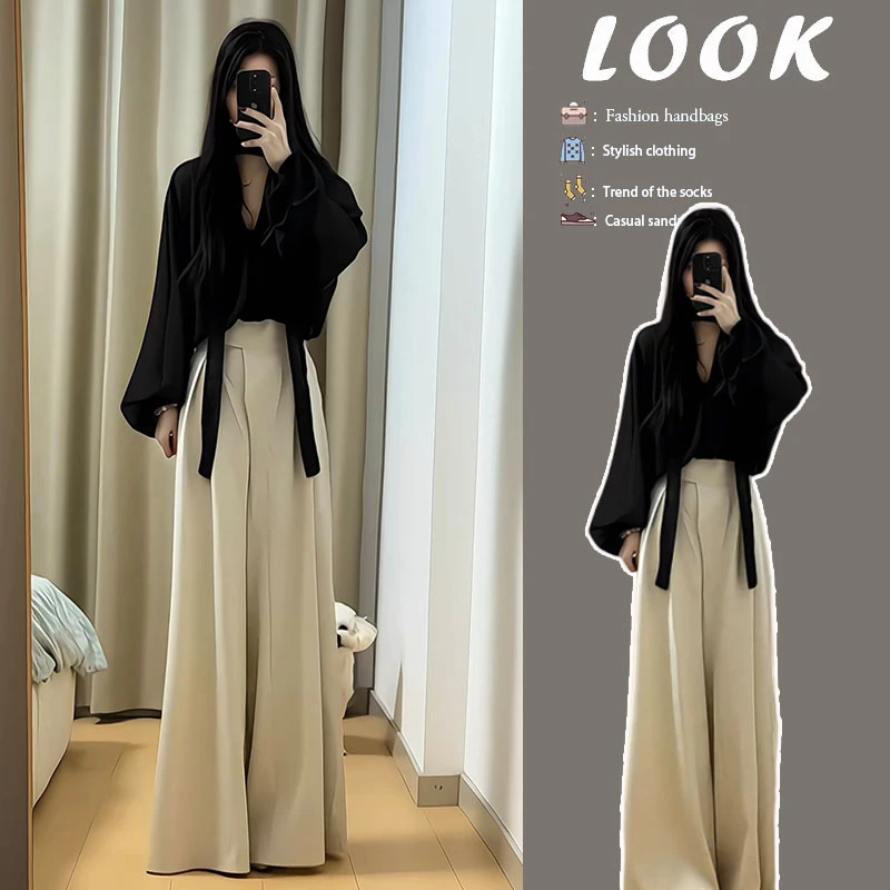 温柔系穿搭女2025年新款韩版时尚百搭长袖上衣休闲阔腿裤两件套装