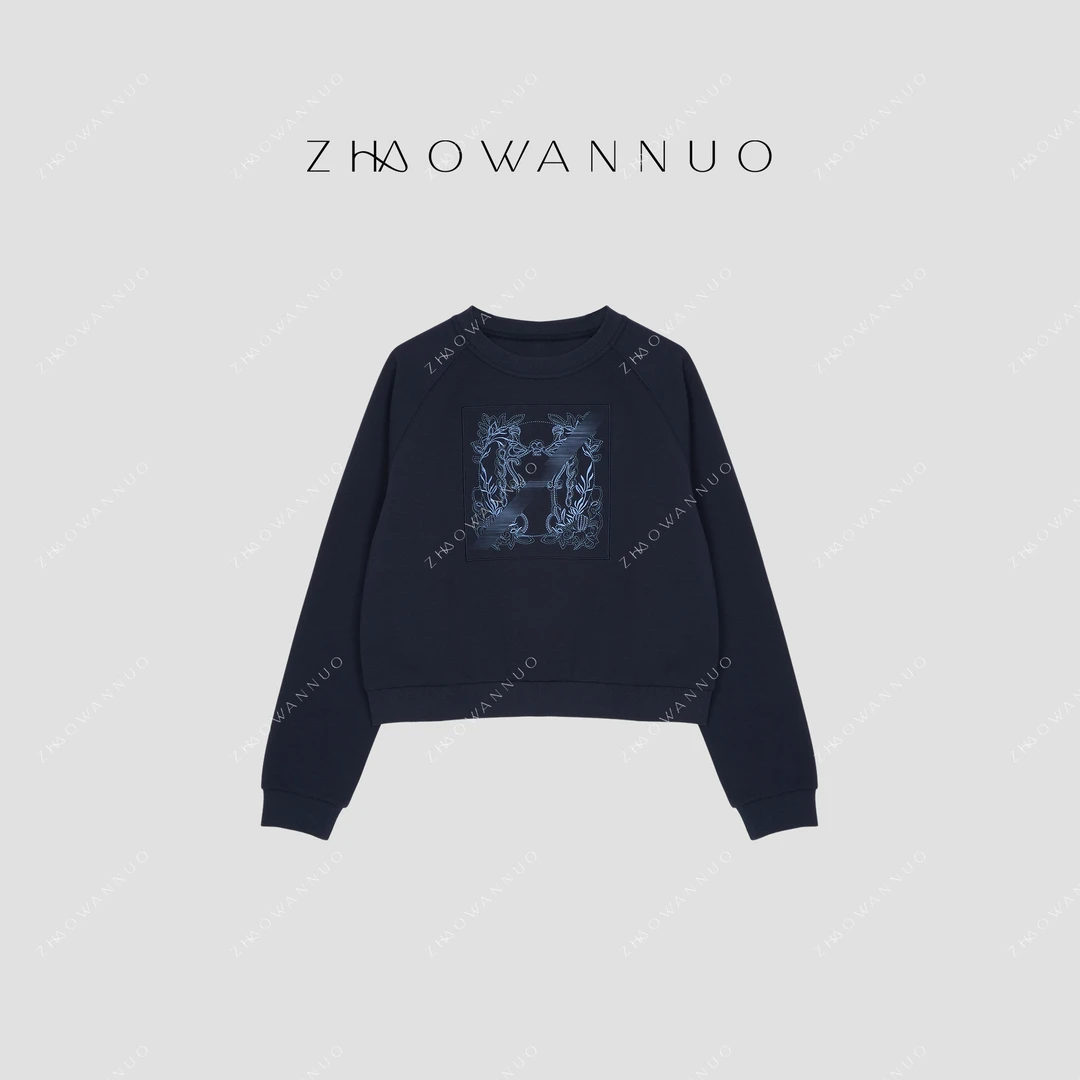 ZHAO WANNUO 丨 25新款设计感高级深蓝色套头圆领T恤卫衣NC0732