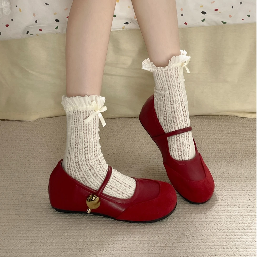 南在南方法式温柔风一字带拼接圆头内增高玛丽珍芭蕾舞鞋单鞋