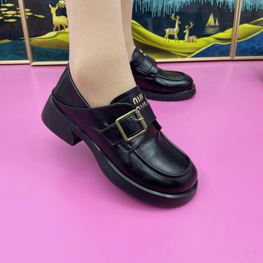 系带乐福鞋舒适时尚休闲百搭真皮软底英伦风女士春季粗跟厚底圆头