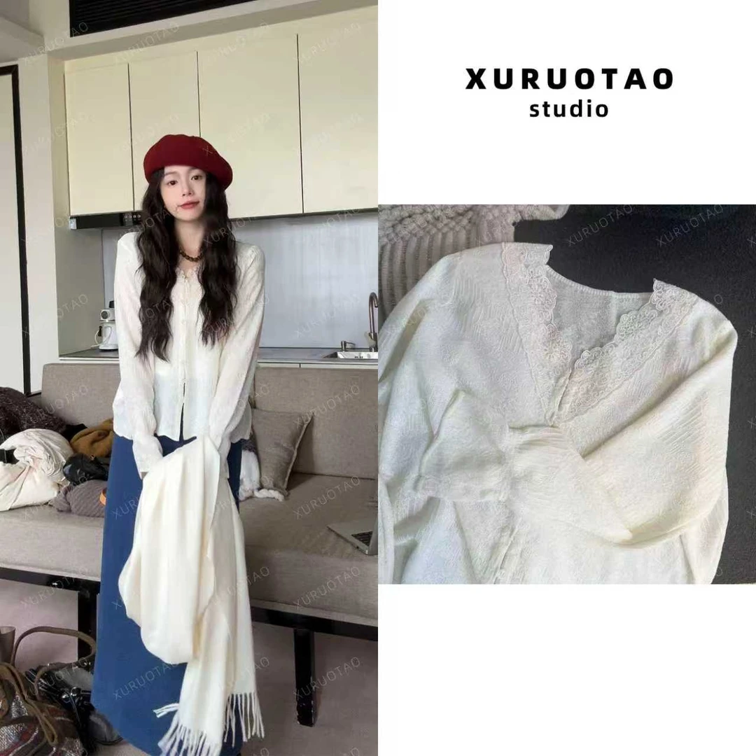 XURUOTAO 【茉莉雅】桑蚕丝羊毛混纺蕾丝边设计感白色上衣 T5660