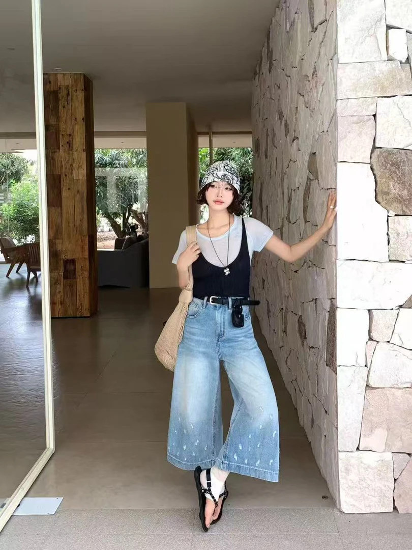 【大欣家】N5337「不规则破洞」设计款休闲牛仔八分裤