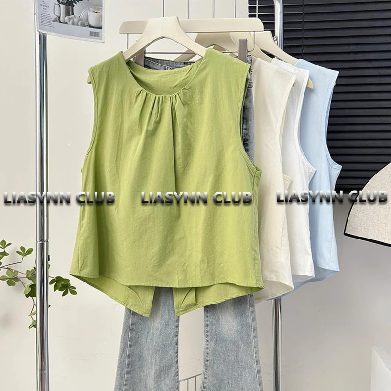 LIASYNN压褶后背开叉无袖背心纯色衬衫2025夏季新款不规则上衣潮