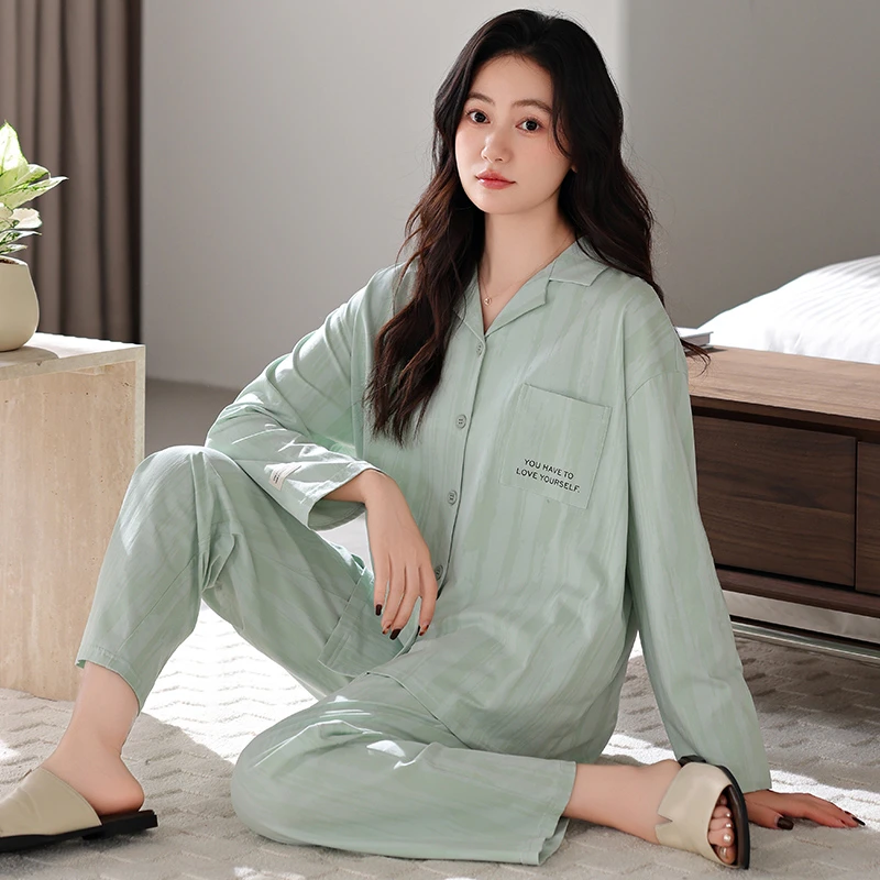 2025新款莉莉家女士加厚纯棉薄荷绿开衫长袖睡衣家居服套装可外穿