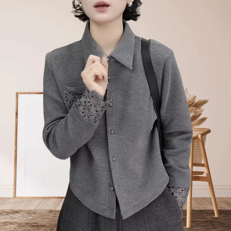 钩花镂空设计气质洋气百搭衬衫女时尚减龄蕾丝拼接高级感长袖上衣