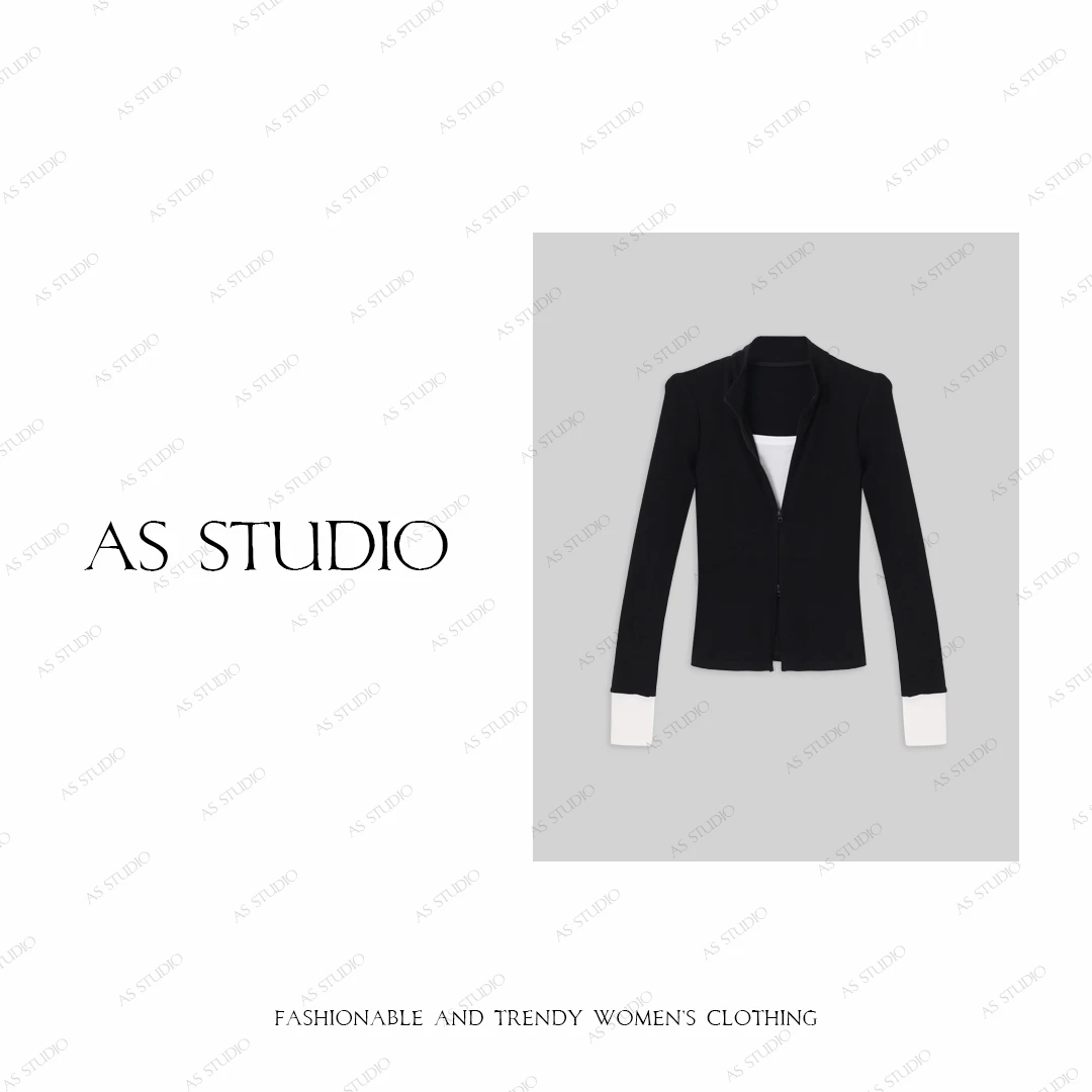 【AS黑白配】25新美式双拉链撞色立领修身掐腰开衫上衣AS25QZZ02557