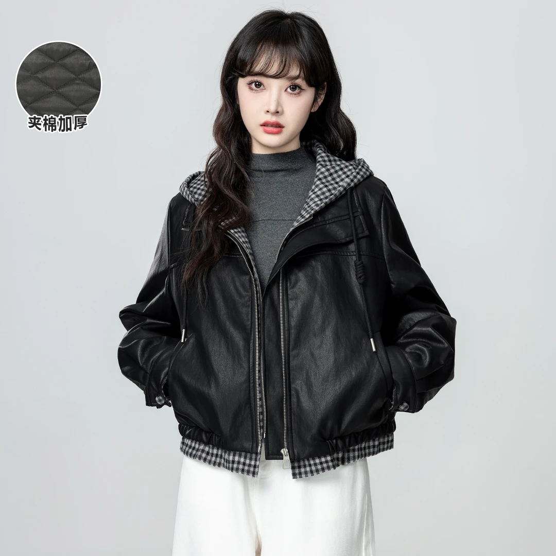 黑色假两件皮衣棉服女冬2025冬季新款连帽夹克衫夹棉外套短款上衣