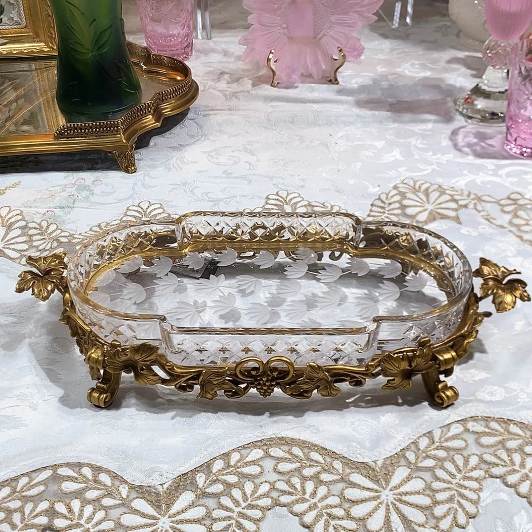 摆件F3222波兰白水晶配铜果盘收纳盘