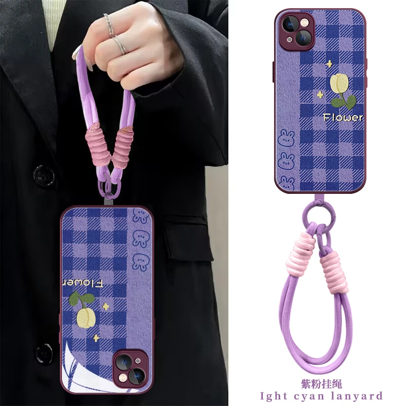 适用【苹果/华为/荣耀/OPPO/vivo】紫格兔子花液态小羊皮包边手机壳